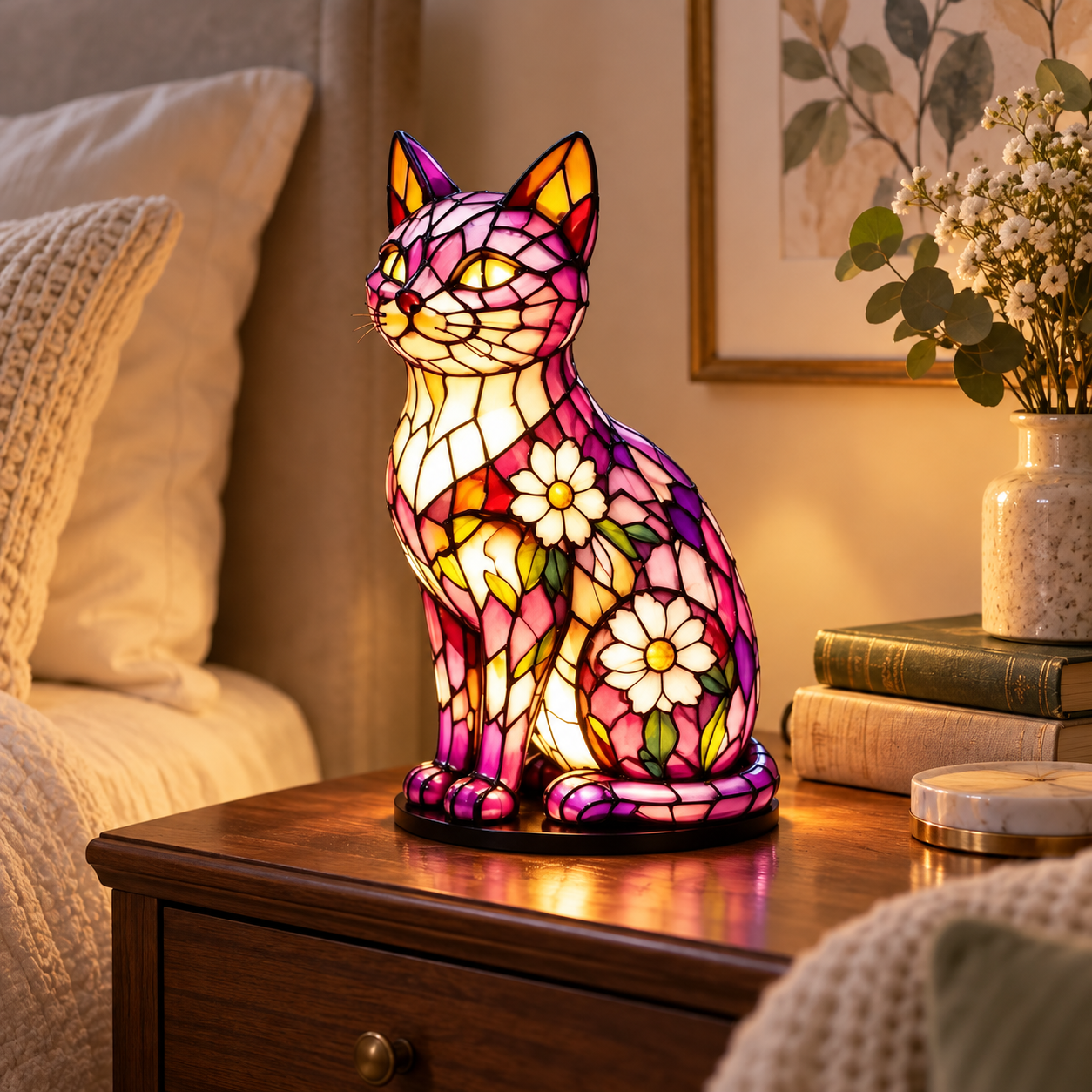 Tiffany-Style Floral Cat Accent Lamp