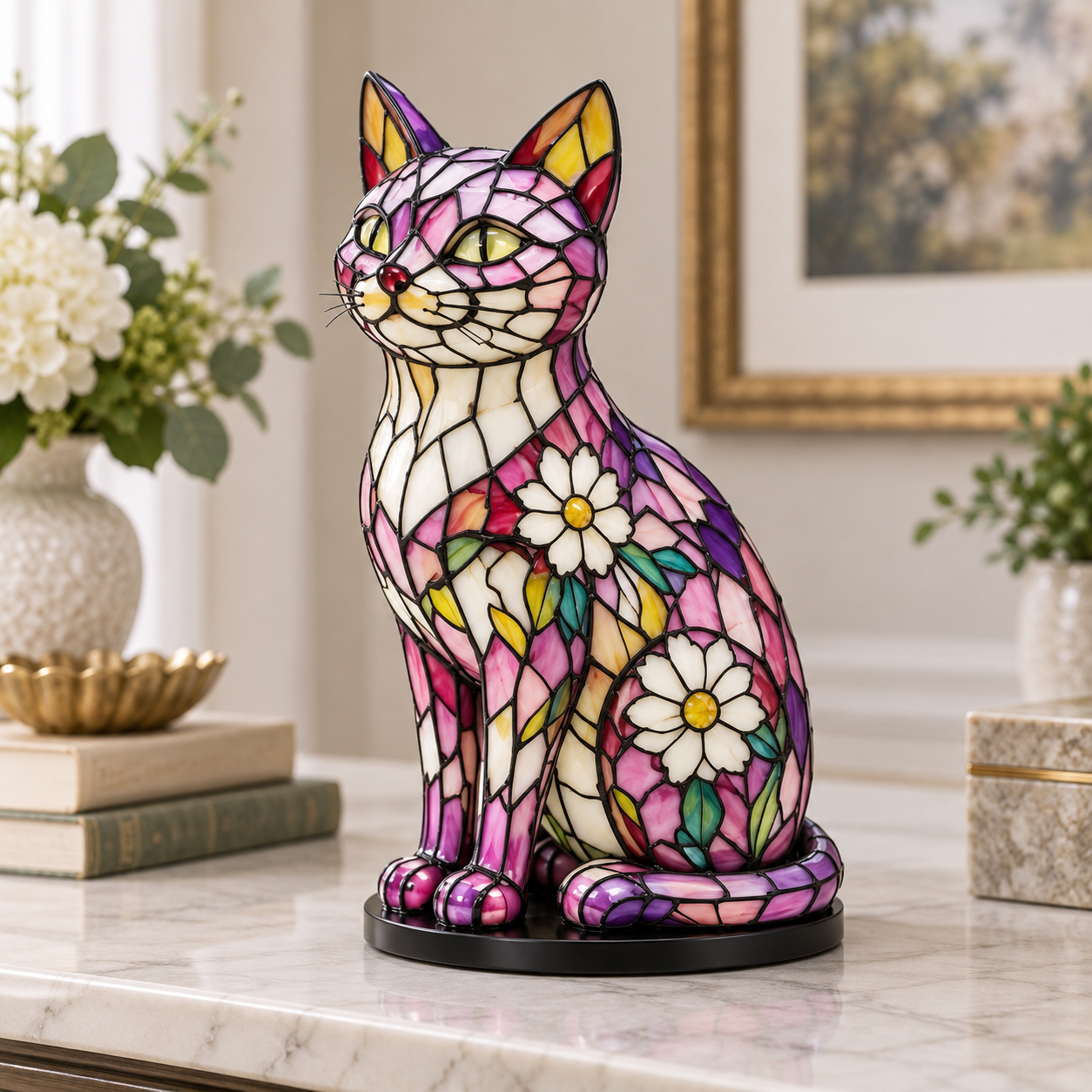 Tiffany-Style Floral Cat Accent Lamp