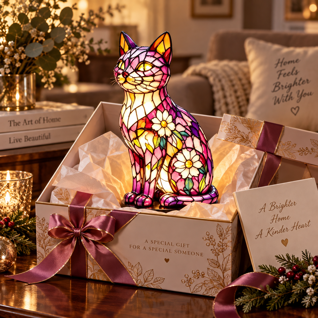 Tiffany-Style Floral Cat Accent Lamp