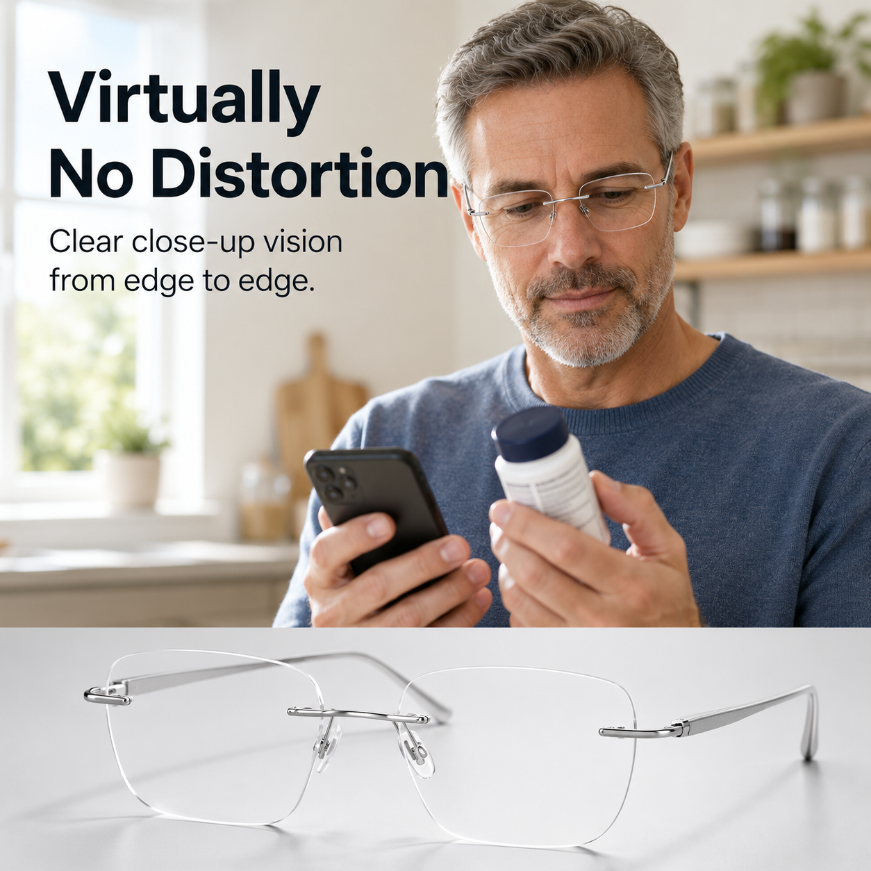 2-in-1 Photochromic Rimless Reading Glasses – UV400, Blue-Light Filtering & Low-Distortion Clarity