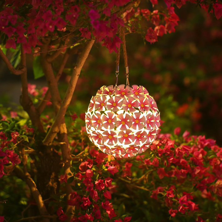 Solar Lantern Pink Metal Flower Ball Light