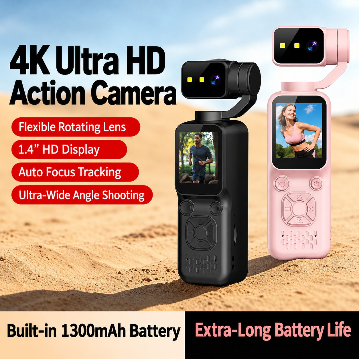 Pocket Handheld Action Camera with Built-In Display & Memory Kit