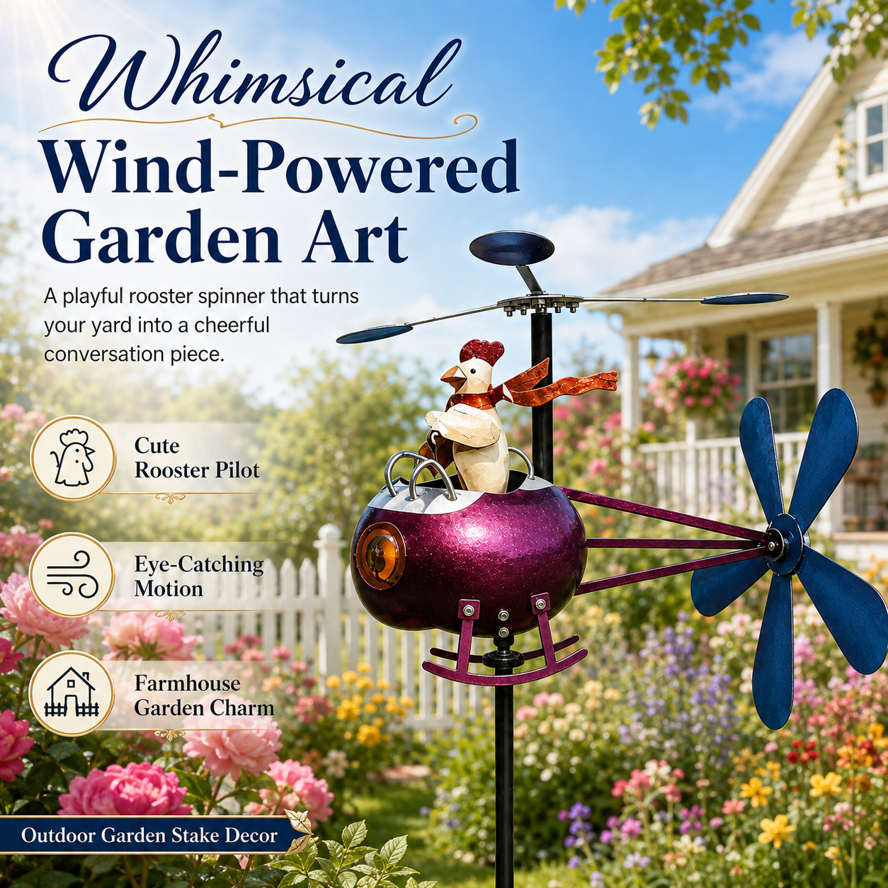 🐓 Whimsical Rooster Garden Stake Wind Spinner