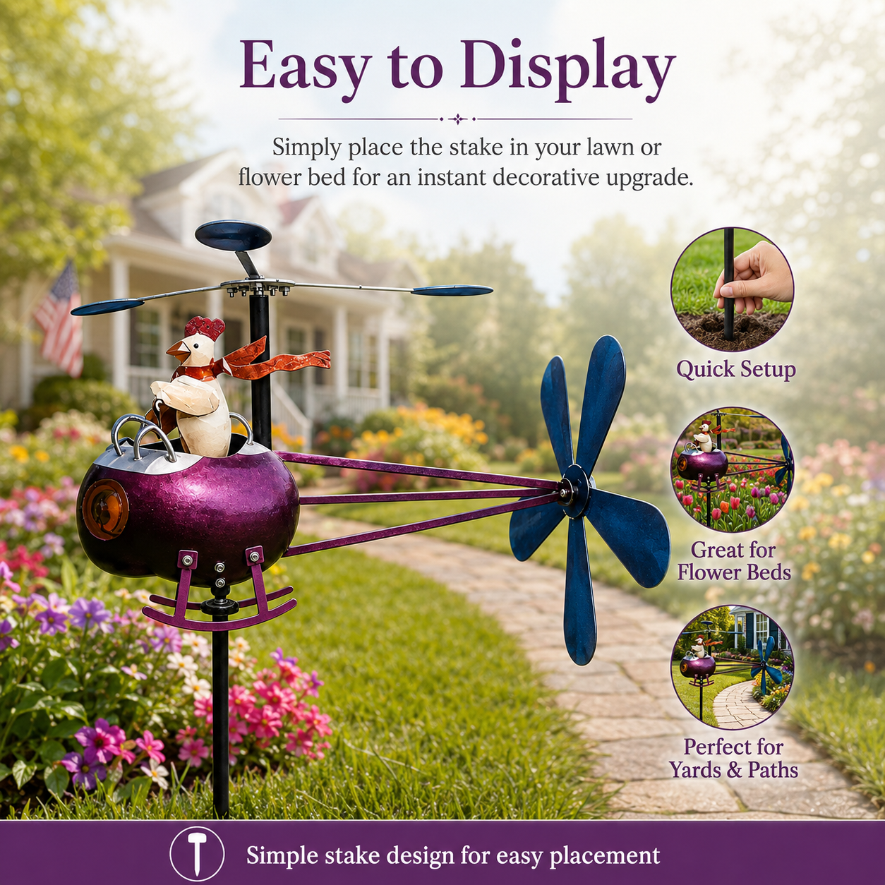 🐓 Whimsical Rooster Garden Stake Wind Spinner