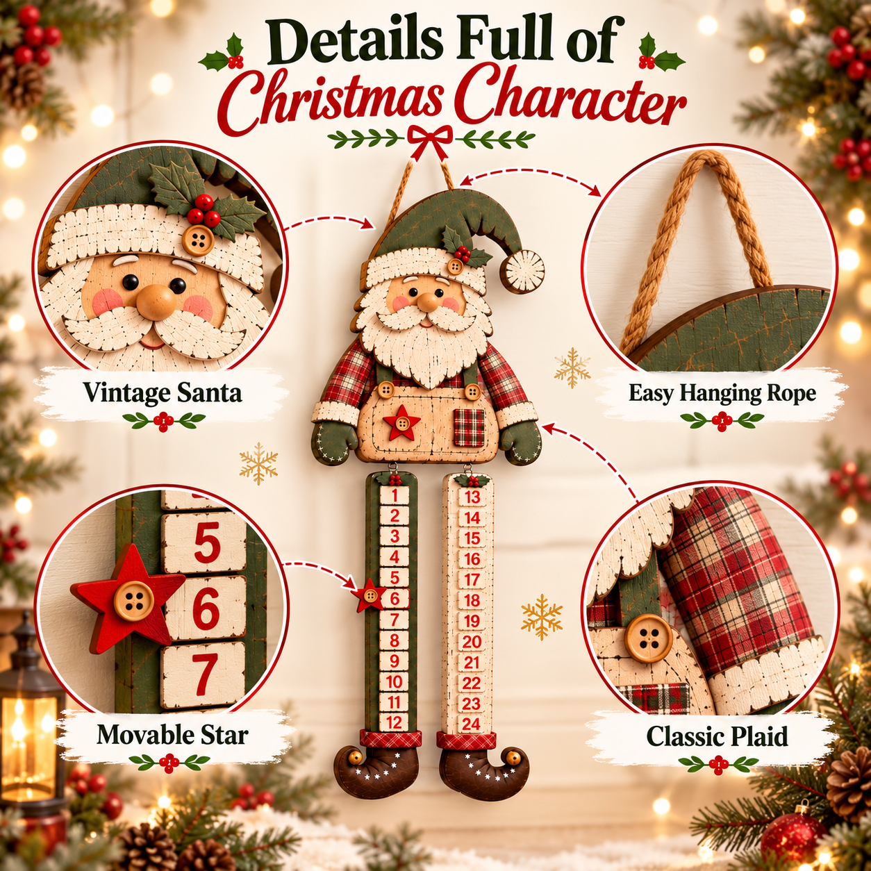 Rustic Wooden Santa Christmas Countdown Calendar