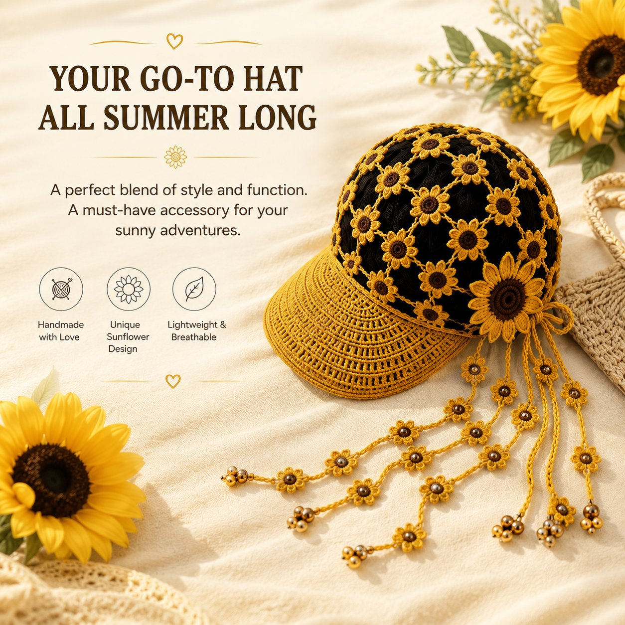 🌻Women’s Handmade Crochet Sunflower Baseball Cap – Hollow-Out Boho Summer Sun Hat with Decorative Tassels