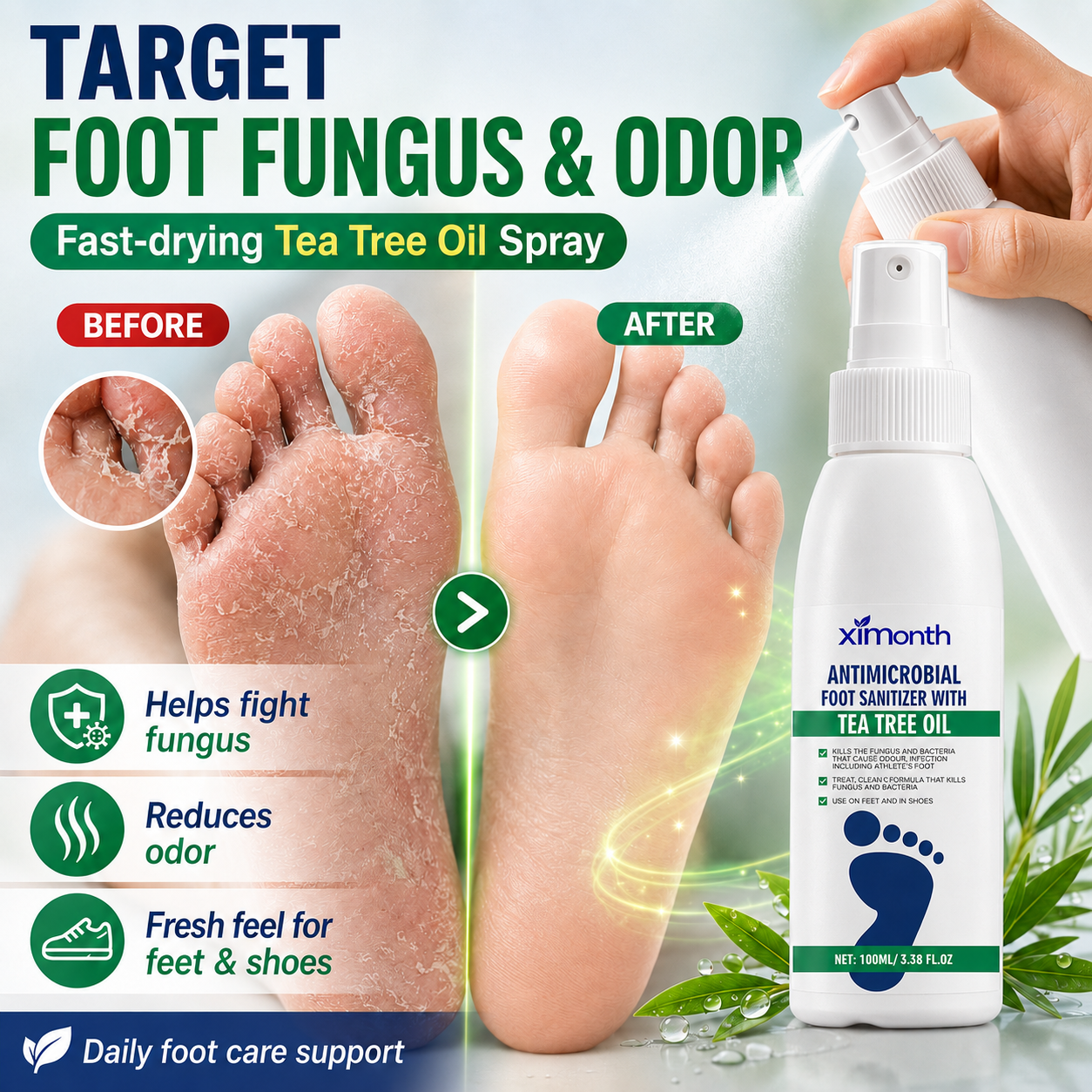 🔥Tea Tree Oil Foot Spray,Plant-Powered Antimicrobial Foot & Shoe Sanitizer