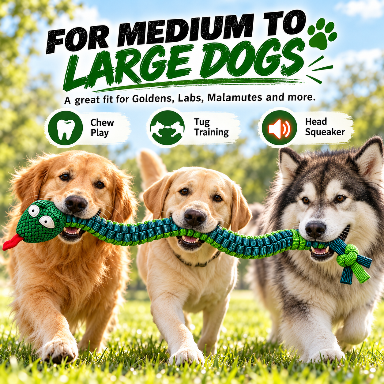 Tough Braided Snake Dog Toy – Squeaky, Chew-Resistant Tug Toy for Medium & Large Dogs
