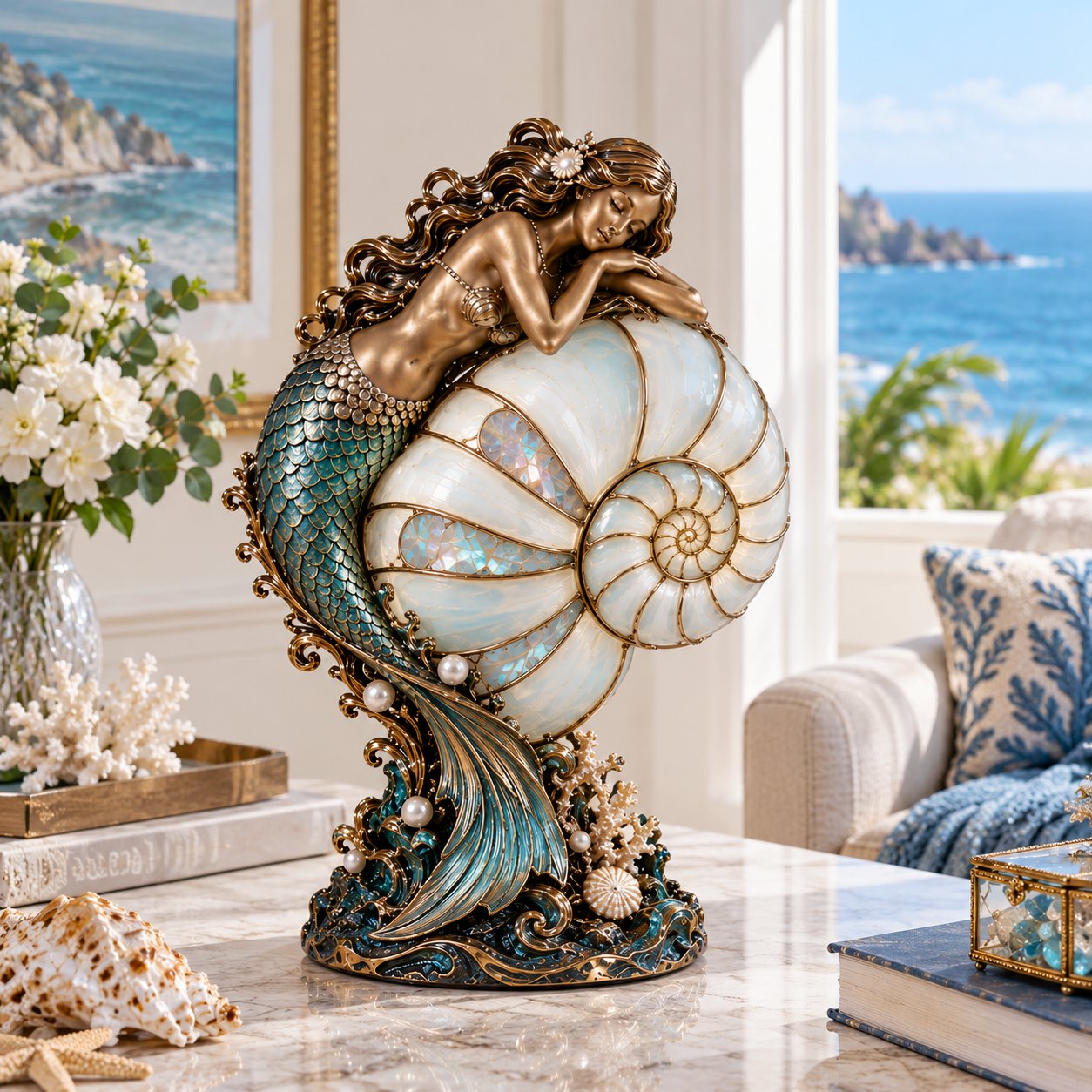 🧜‍♀️ Cast a Magical Ocean Glow! Vintage Mermaid Nautilus Stained Glass Ambient Lamp