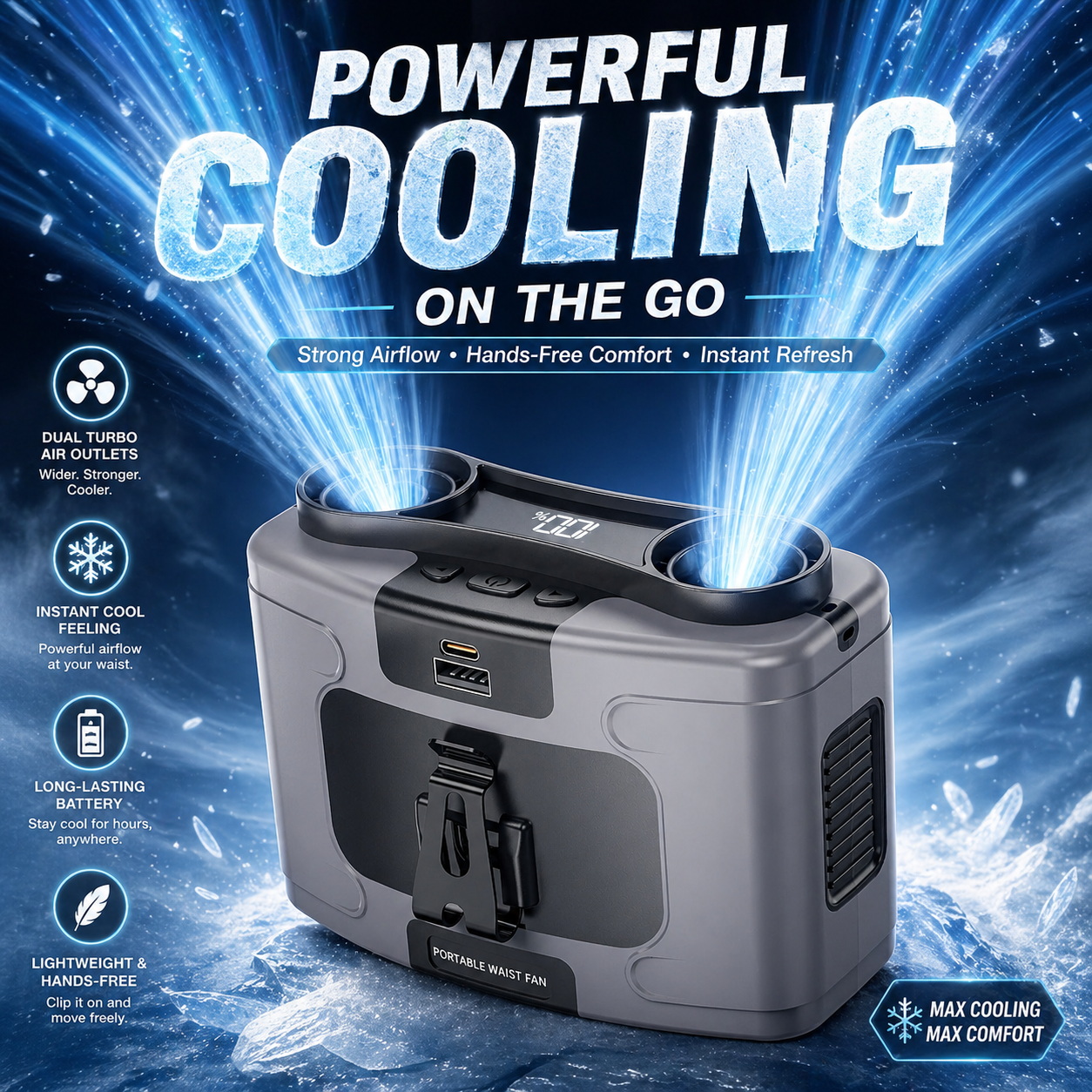 🌀 Portable Waist Fan – Powerful Cooling On the Go