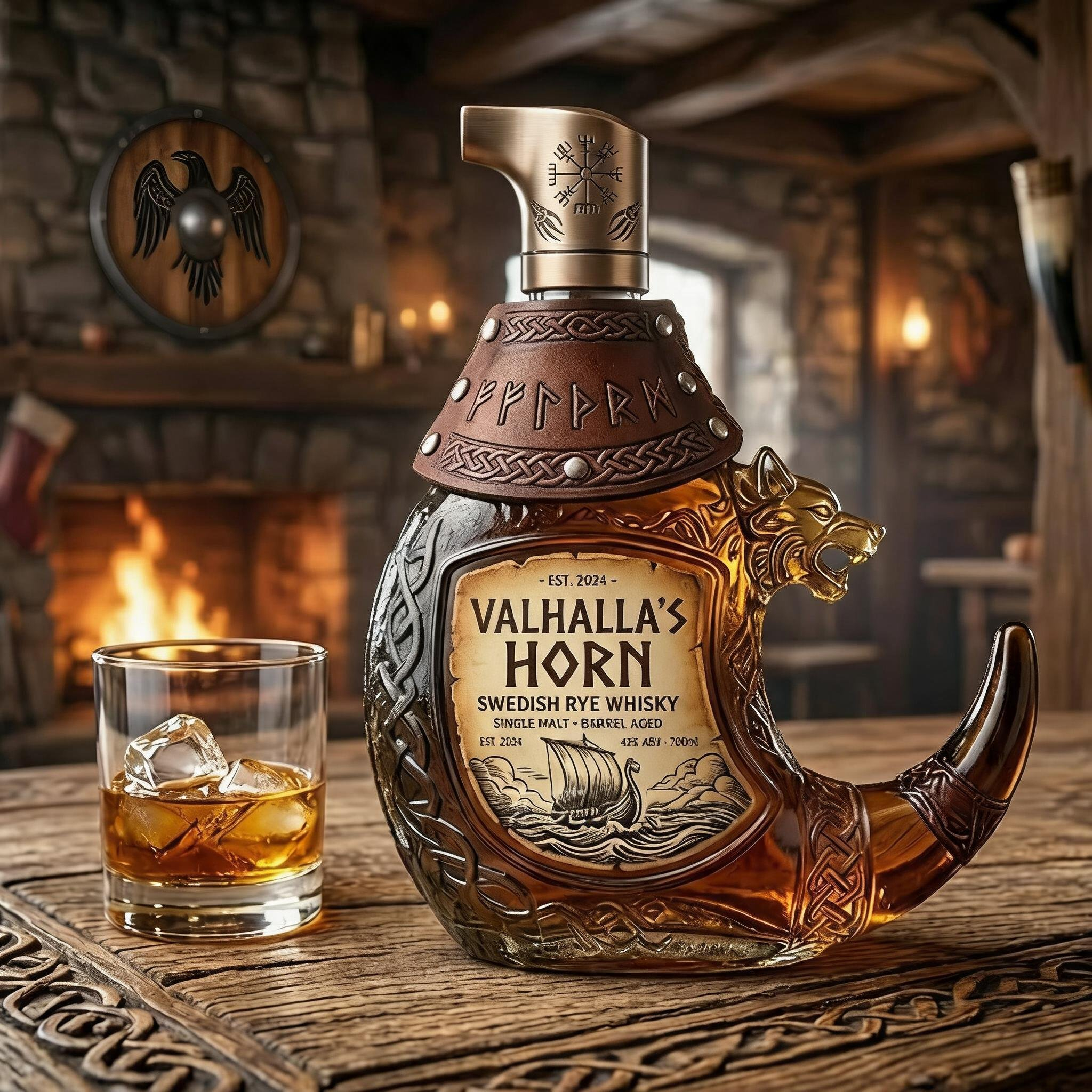 Valhalla's Horn 3D Relief War Wolf Horn Art Decanter
