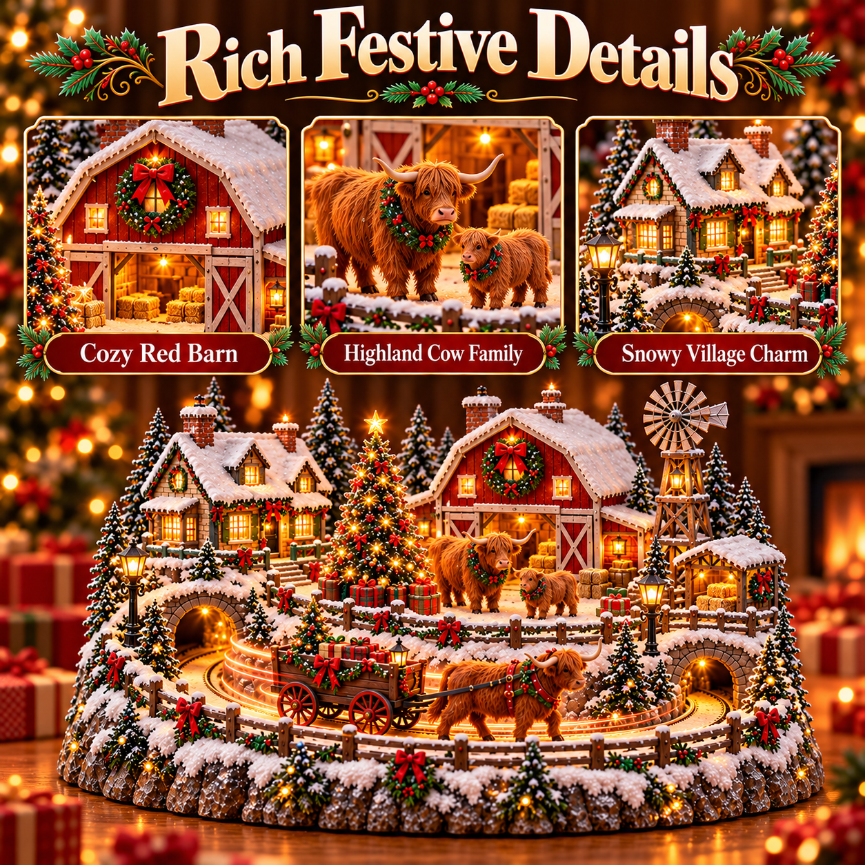 Highland Cow Christmas Village with red barn, windmill, farmhouse and snow-covered landscape