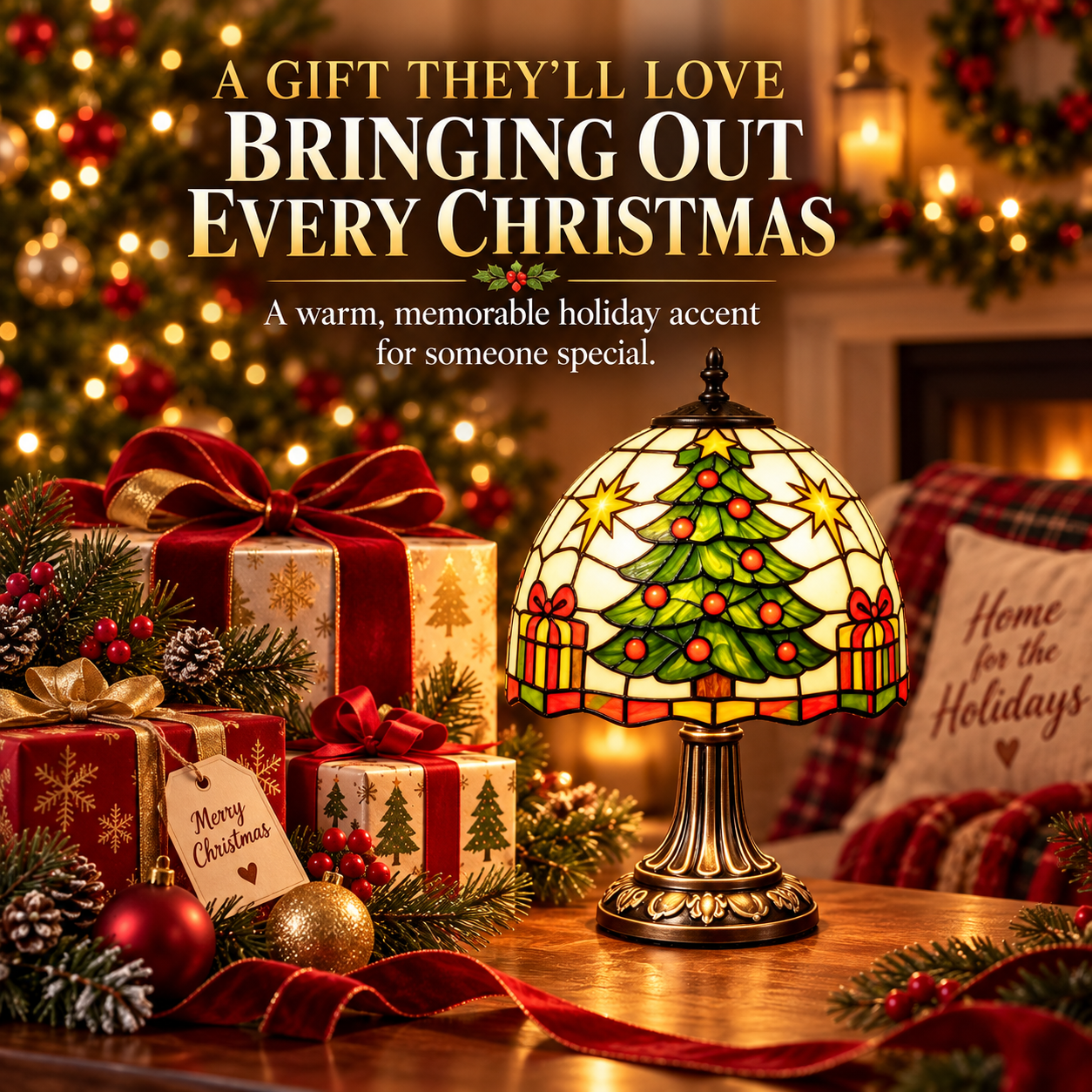 Vintage Christmas Tree Stained-Glass Style Table Lamp