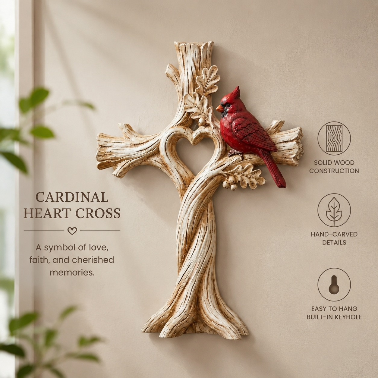 Carved Solid Wood Cardinal Heart Tree Cross