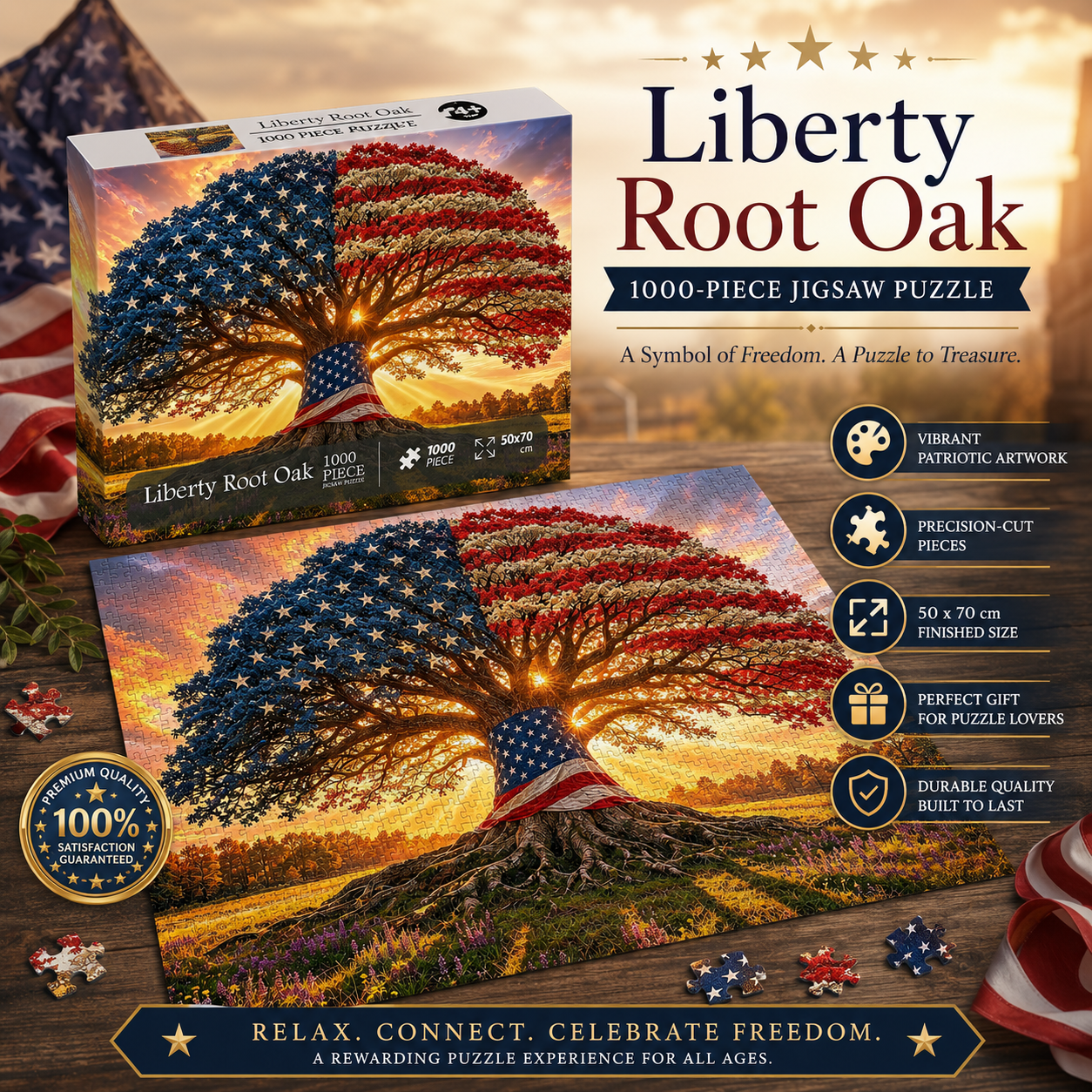 Liberty Root Oak Jigsaw Puzzle 1000 Piece – Patriotic Flag Tree Design