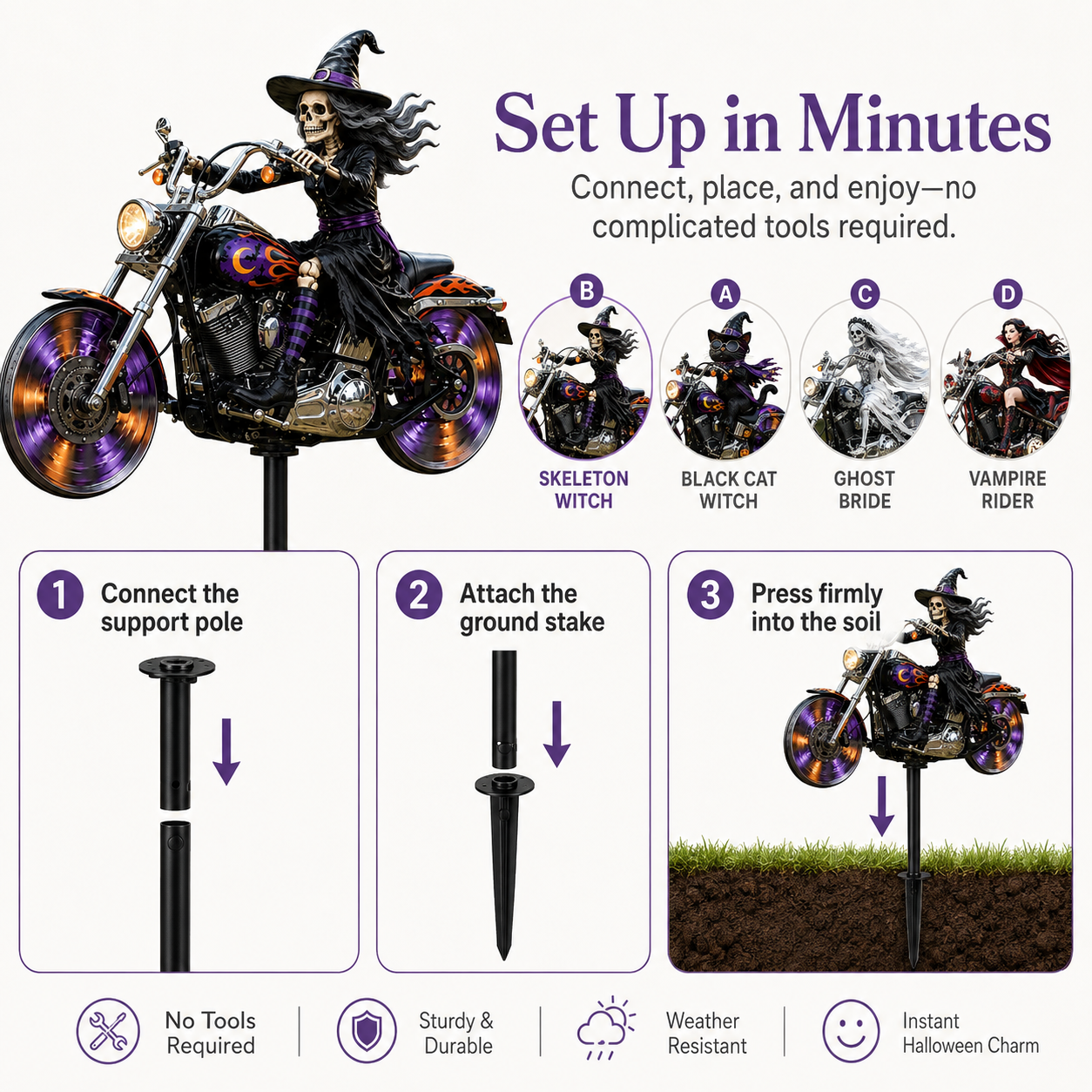 Spooky Motorcycle Garden Stake – Eye-Catching Halloween Yard Décor in 4 Character Styles