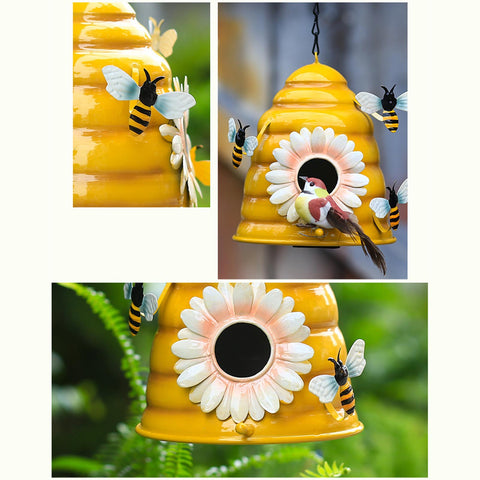Metal Honeycomb Birdhouse With Bees And Flower
