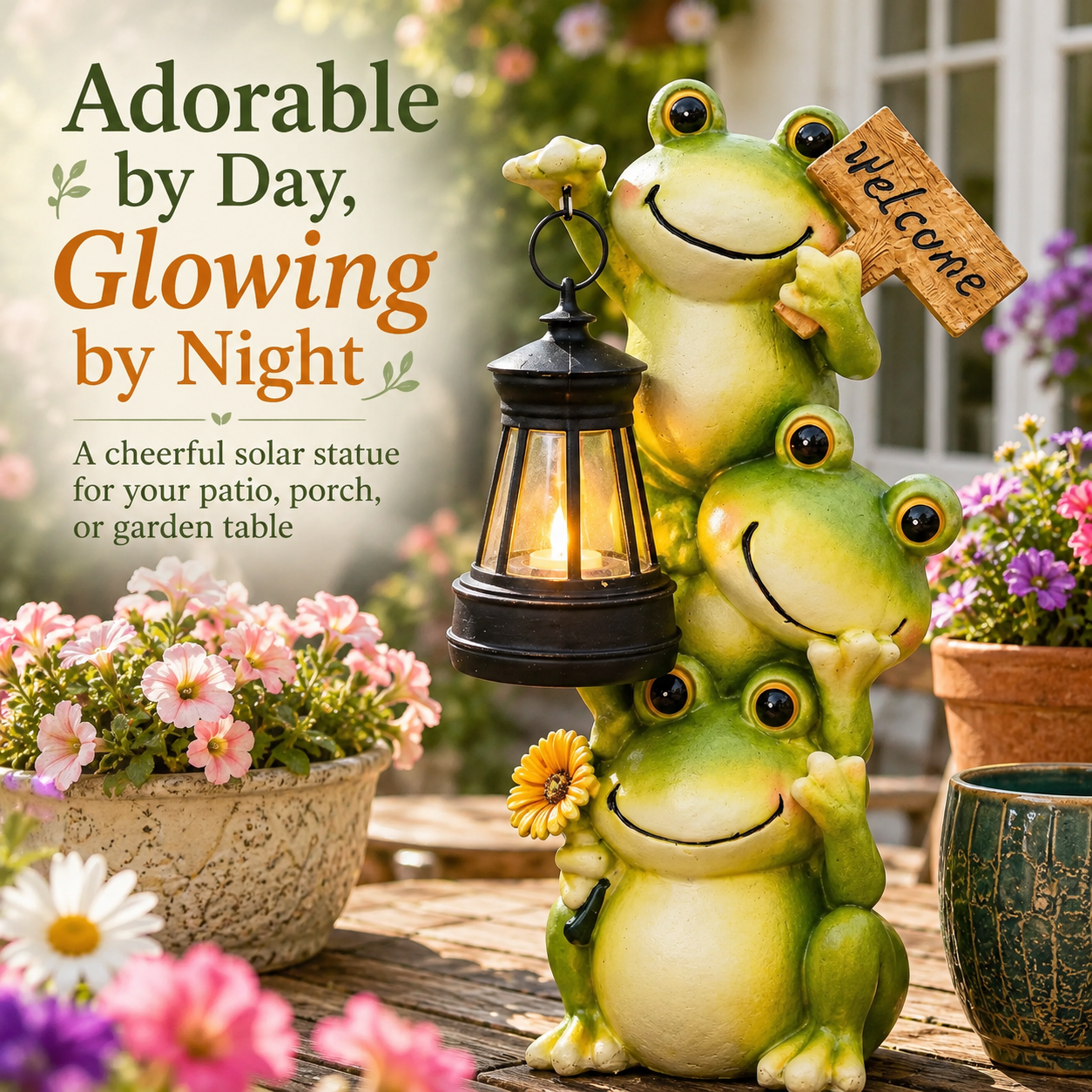 Stacked Frogs Solar Garden Statue with Lantern Light
