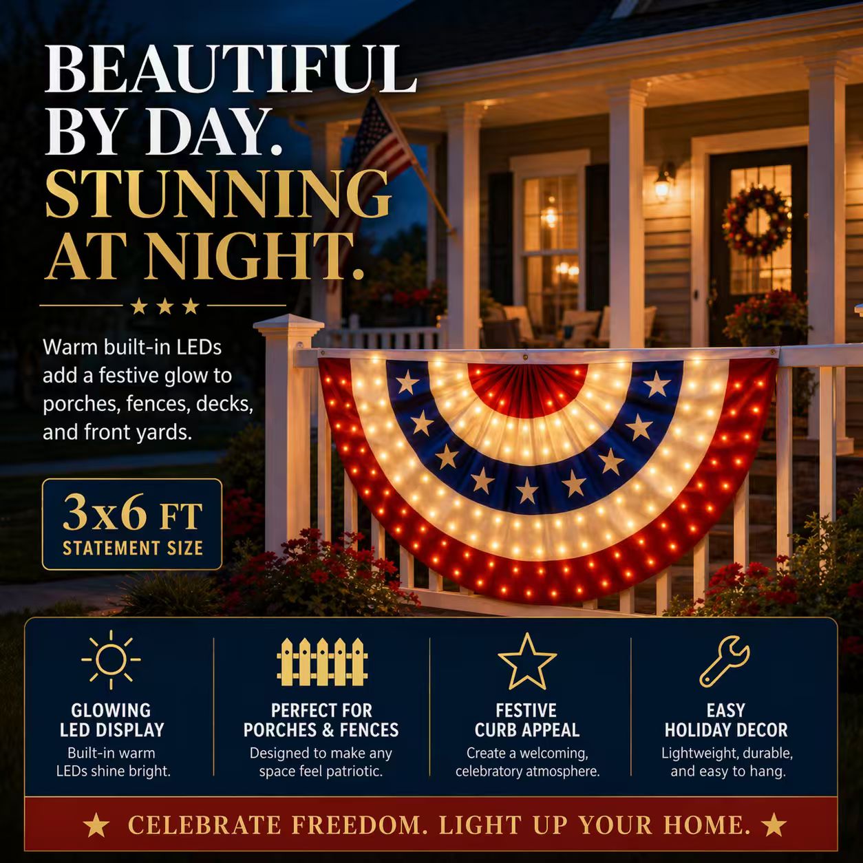 🔥2️⃣5️⃣0️⃣ Hot Sale - 3 x 6 Ft LED Patriotic Bunting Banner for America’s 250th