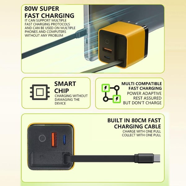 3 in 1 GaN Charger,Scalable 80W MAX fast charger module with Type-C cable and 2 USB ports