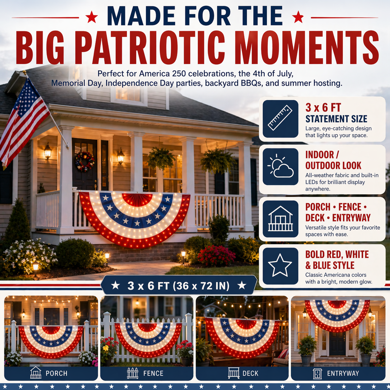 🔥2️⃣5️⃣0️⃣ Hot Sale - 3 x 6 Ft LED Patriotic Bunting Banner for America’s 250th