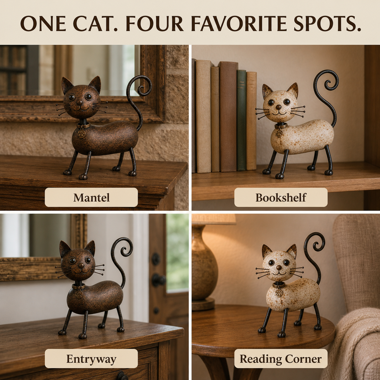 Whimsical Curled-Tail Cat Tabletop Figurine