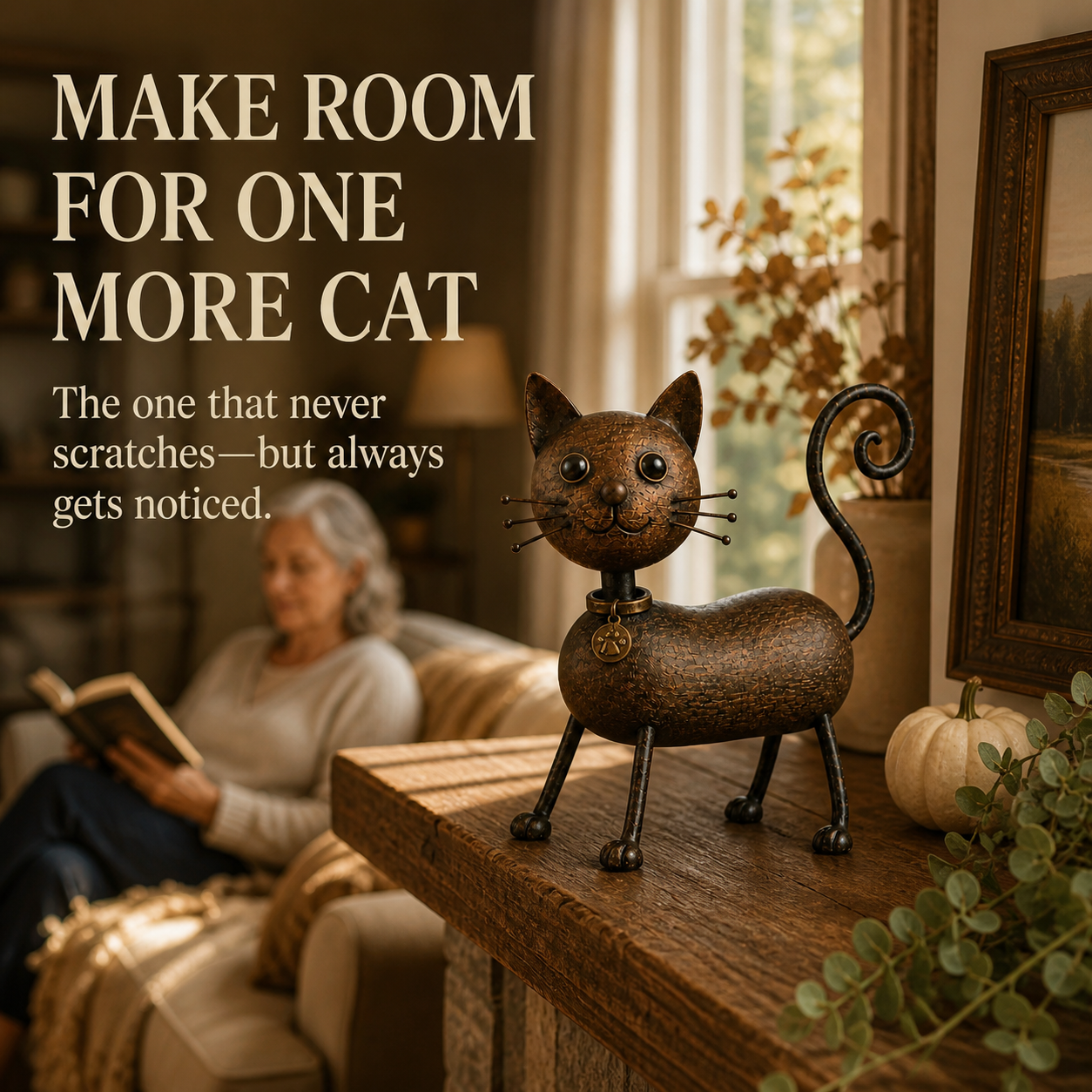 Whimsical Curled-Tail Cat Tabletop Figurine
