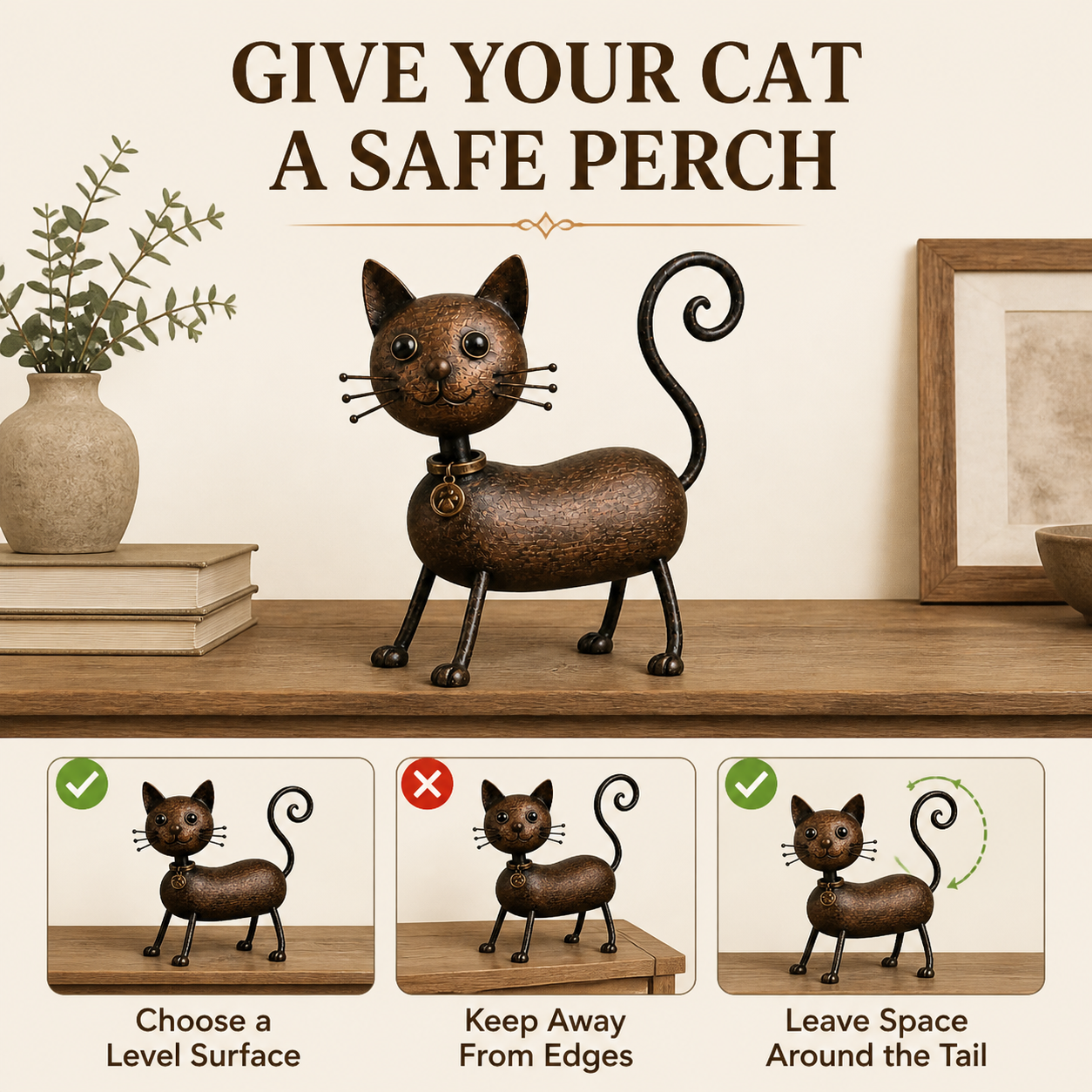 Whimsical Curled-Tail Cat Tabletop Figurine