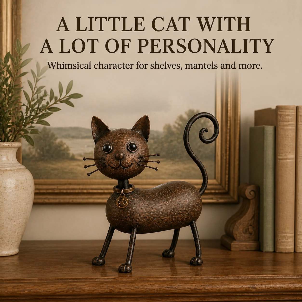 Whimsical Curled-Tail Cat Tabletop Figurine