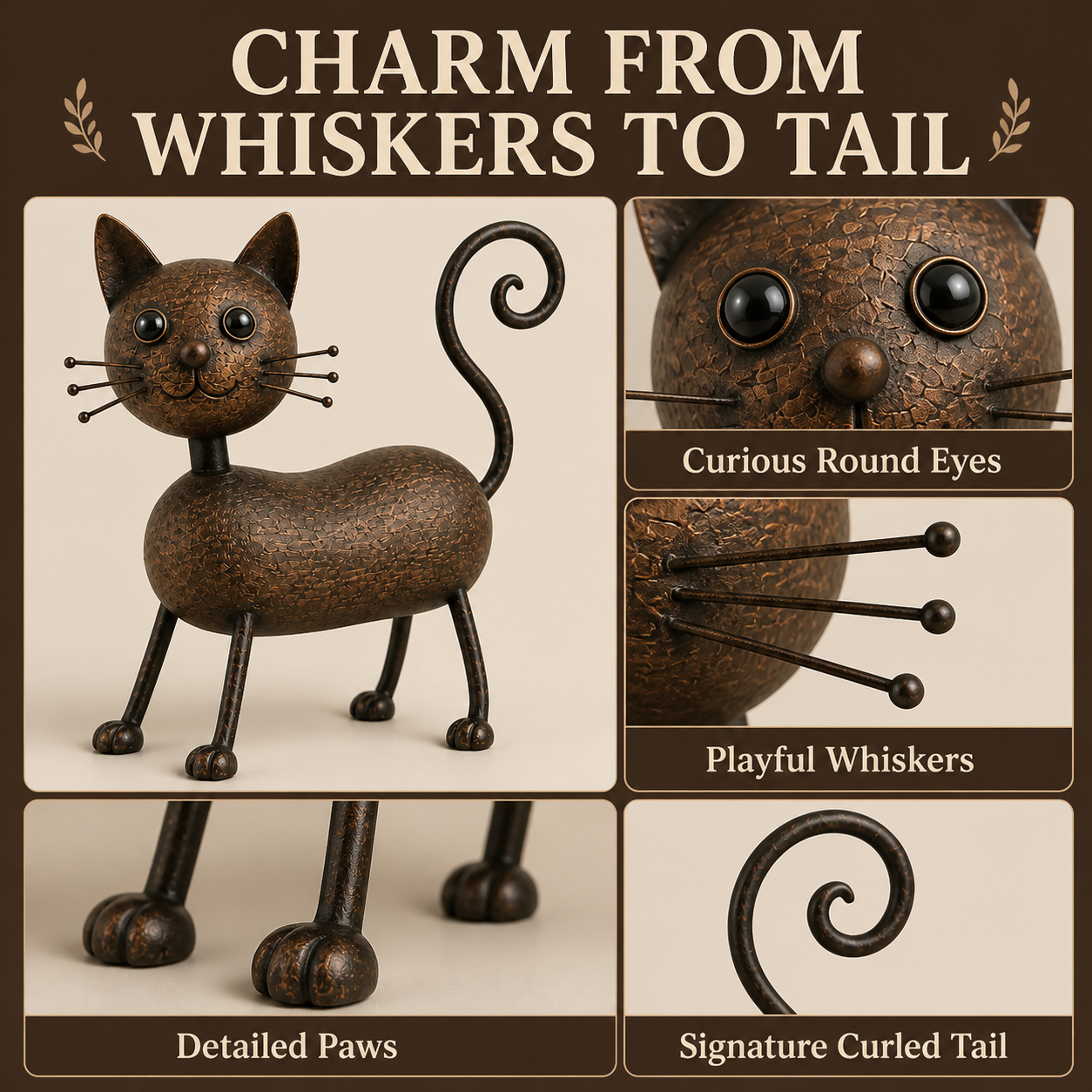 Whimsical Curled-Tail Cat Tabletop Figurine