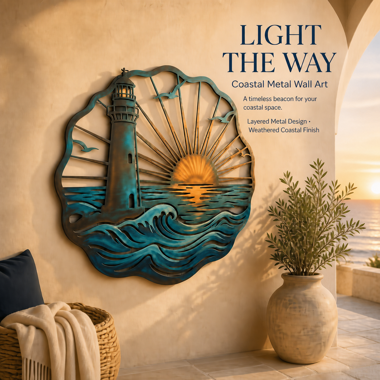 🌅 Golden Harbour Lighthouse Mural – Vintage Coastal-Style Metal Wall Decoration⚓