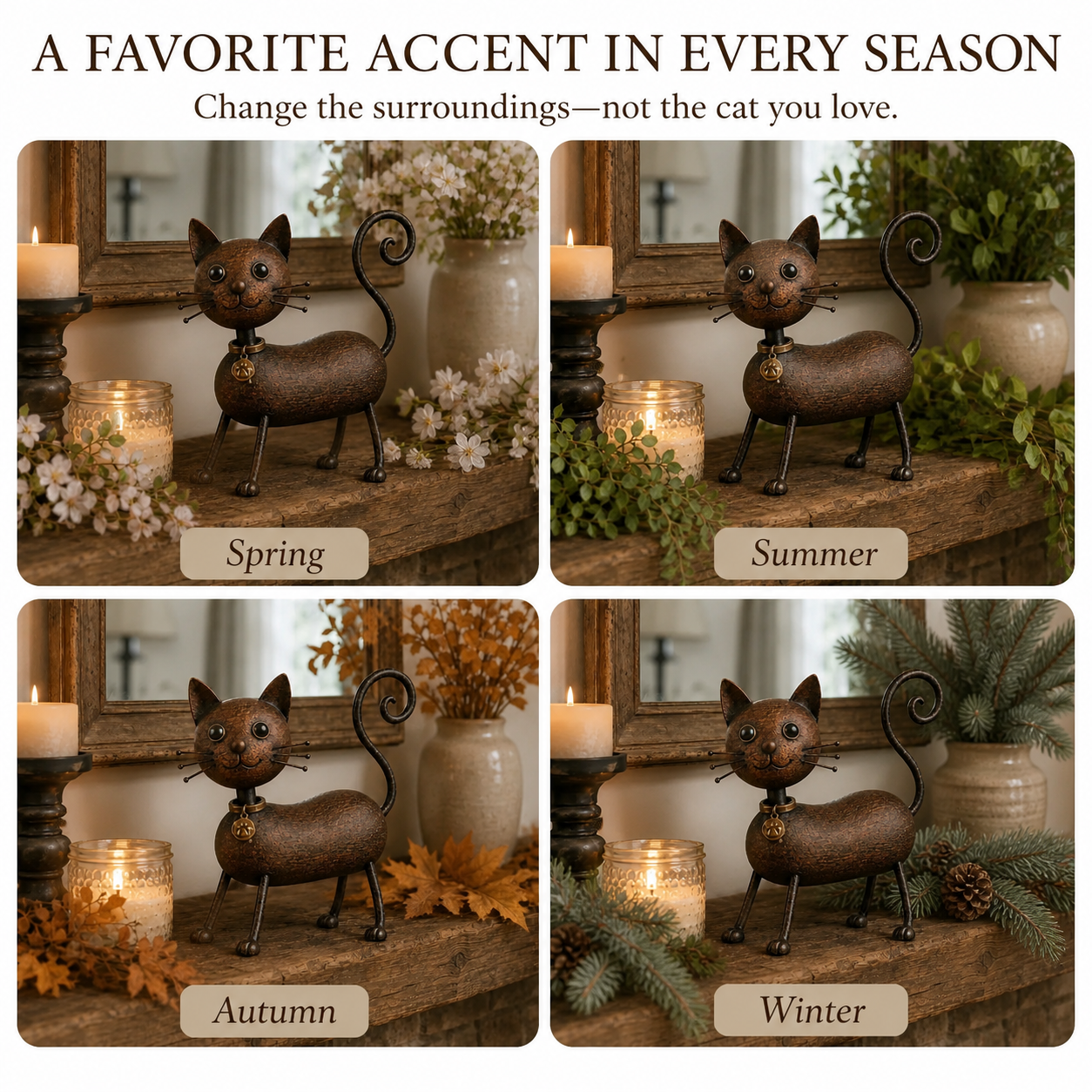 Whimsical Curled-Tail Cat Tabletop Figurine