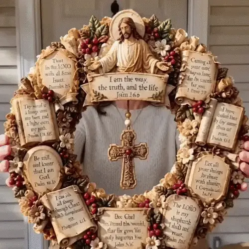 ✝️ Jesus Scripture Wreath | Handcrafted Christian Wood Décor with Bible Verses, Hanging Cross & Faith-Inspired Vintage Details 🙏