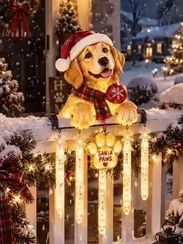🐾 Santa Paws Christmas Porch Glow – Illuminated Dog‑Themed Railing Decoration 🎄✨