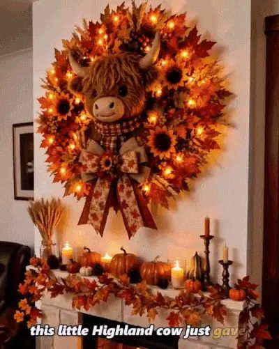 🍂🐮Autumn Highland cow wreath decoration with lights