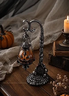 🎃 Gothic Pumpkin Lantern Stand | Warm Orange LED Glow, Victorian Skull Details & Haunted Shelf Decor 🕯️