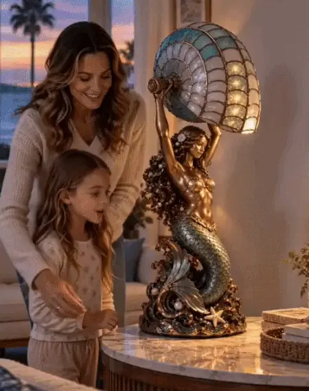 🧜‍♀️ Cast a Magical Ocean Glow! Vintage Mermaid Nautilus Stained Glass Ambient Lamp