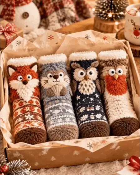 🦊🐦 Cozy 3D Animal Fuzzy Slipper Socks – Cute & Warm House Socks 🦦🦉