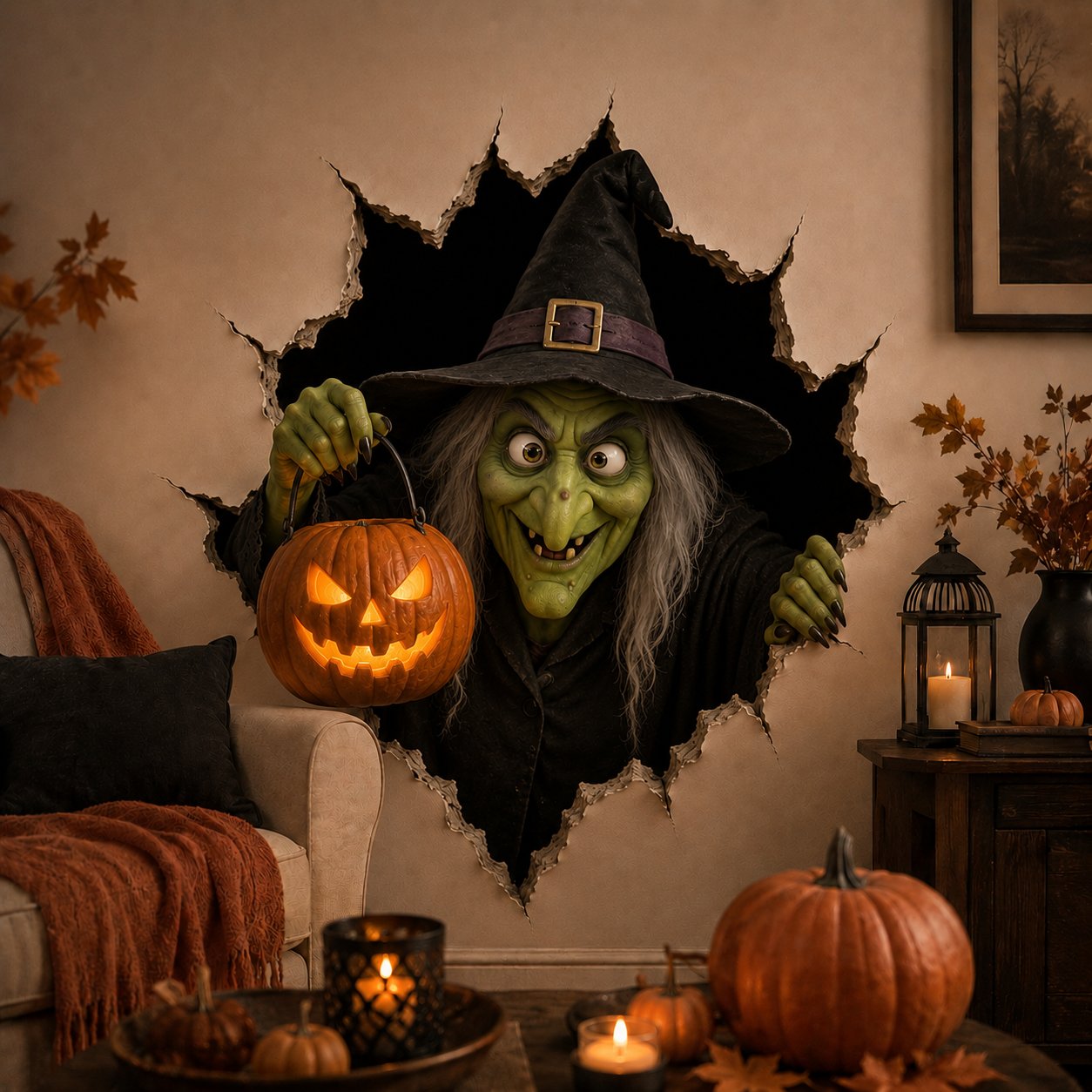 Halloween break-in 3D wall decal - Witch Jack O Lantern