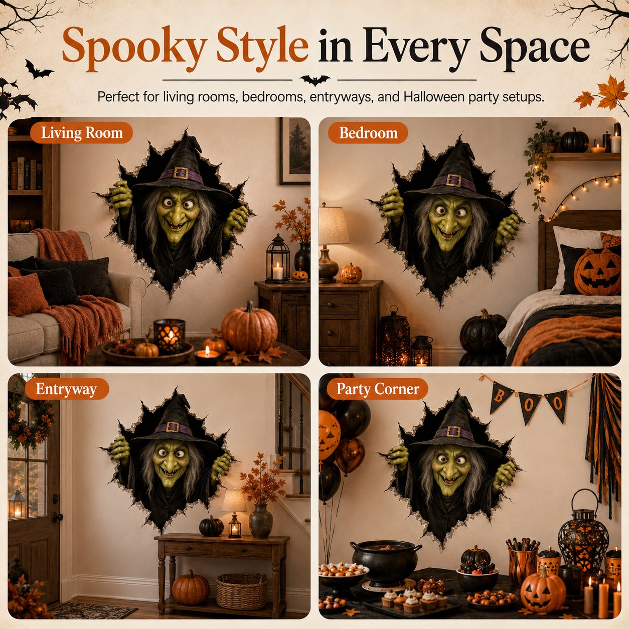 Halloween break-in 3D wall decal with cracked-wall illusion