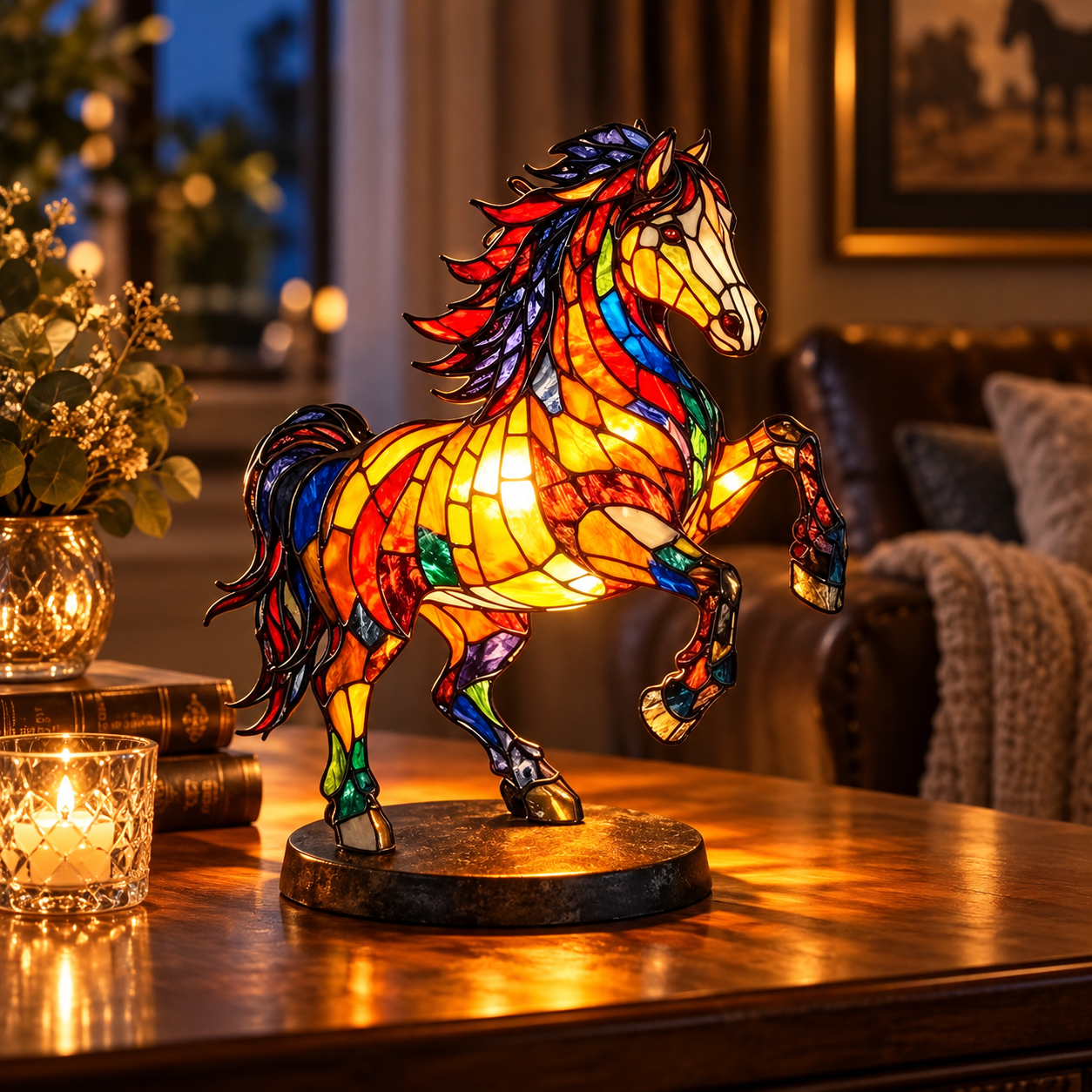 🐎 Stained Glass Style Rearing Horse Lamp – Colorful 3D Horse Accent Light