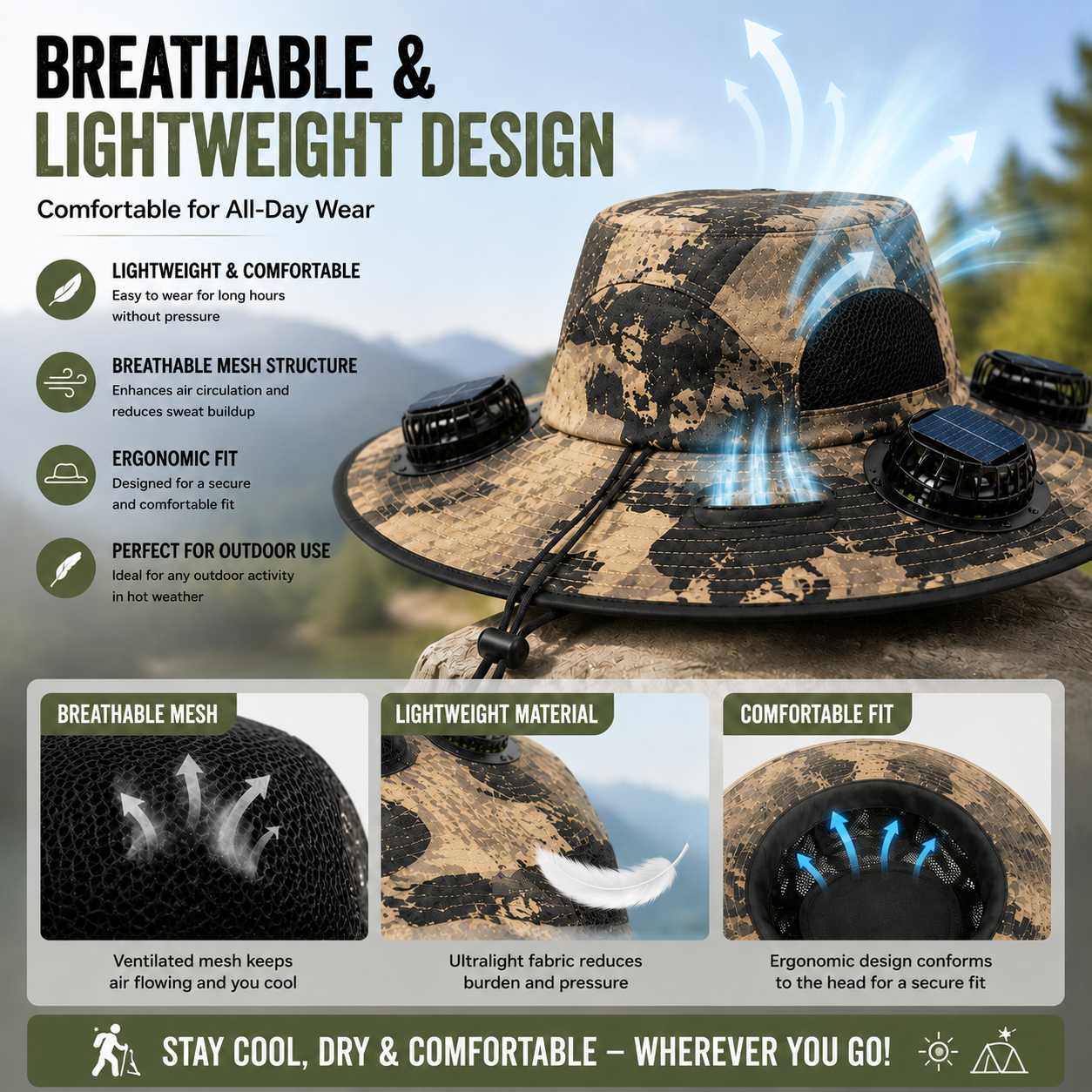 3-Fan Solar Powered Sun Hat