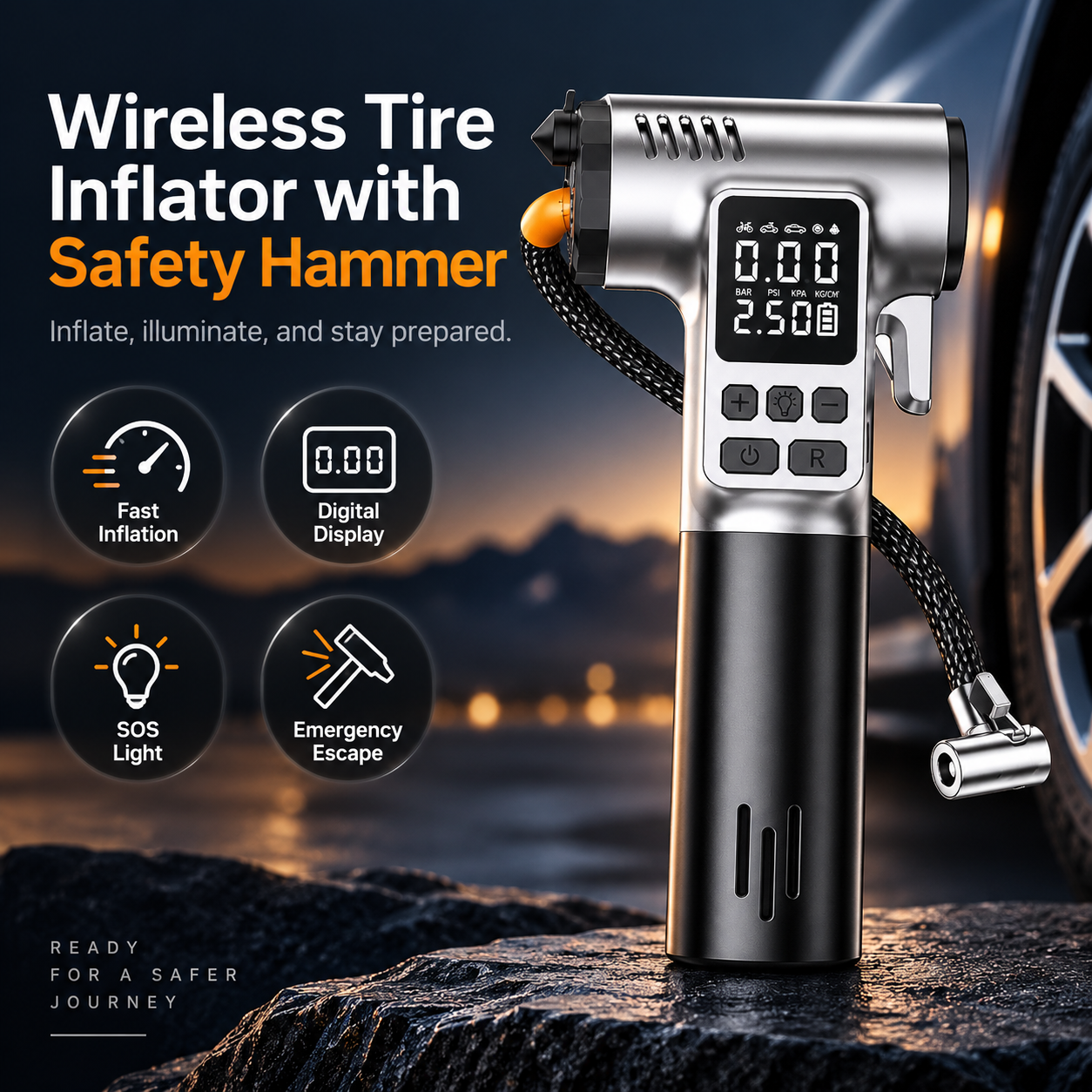 Wireless Tire Inflator With Emergency Escape Tools