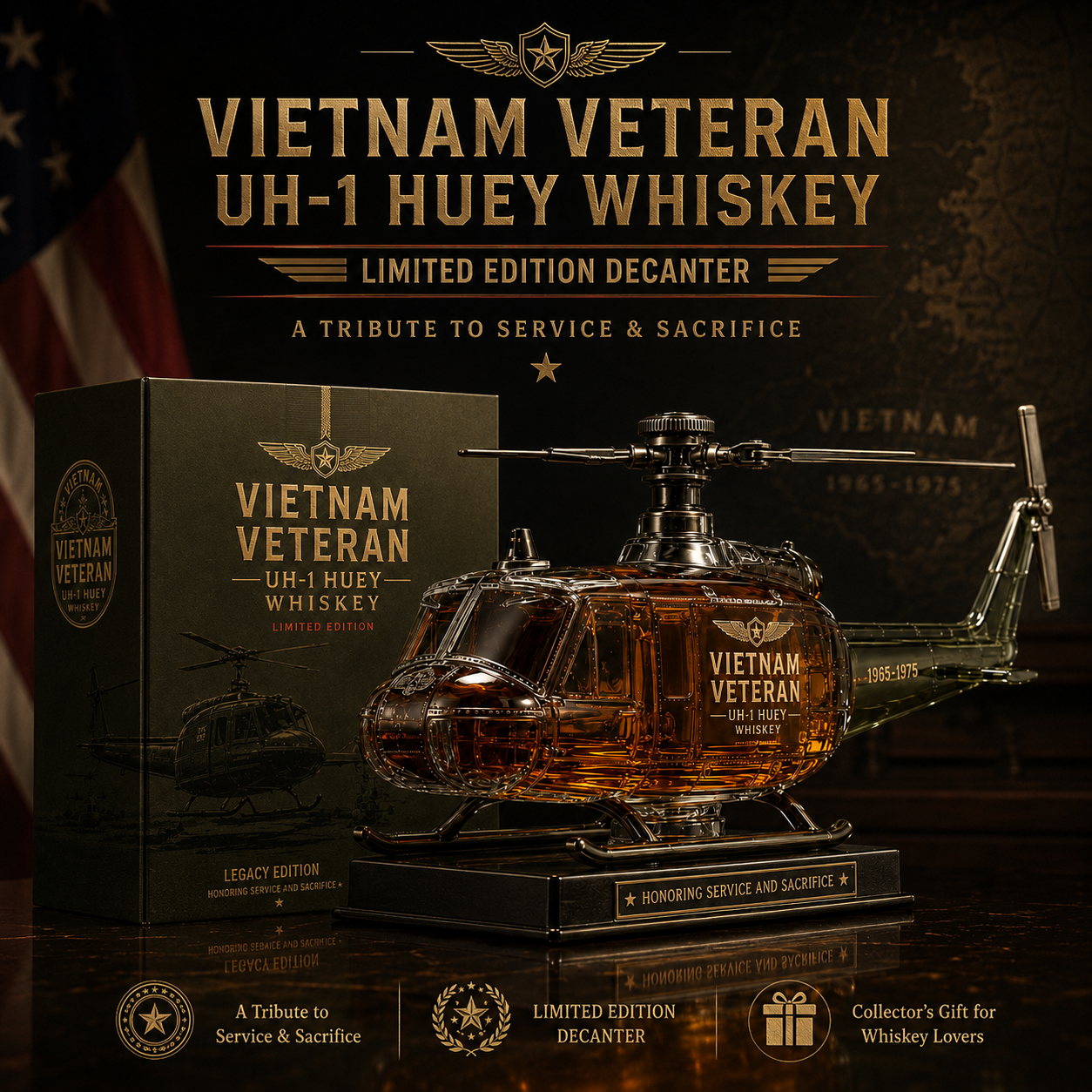 Vietnam War Veteran UH-1 Huey Helicopter Tribute Whiskey Decanter - 1965-1975 Limited Edition