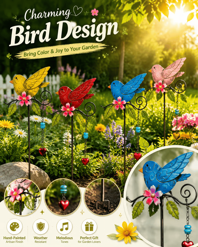 Metal Hummingbird Wind Chime Garden Stake – Hand-Painted, Playful Garden Art 39.4in🐦️✨