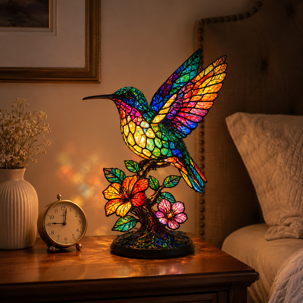 Hummingbird Stained-Glass Inspired Art Lamp