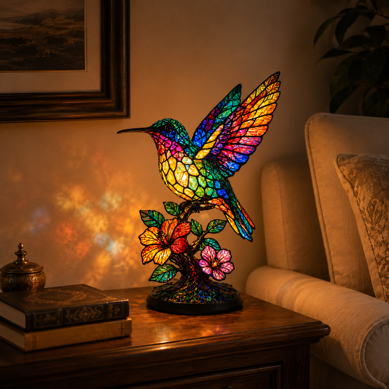 Hummingbird Stained-Glass Inspired Art Lamp