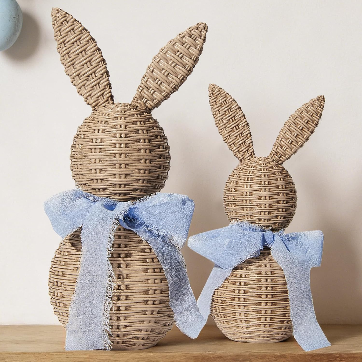 2Pcs Faux Wicker Easter Bunny Figurines