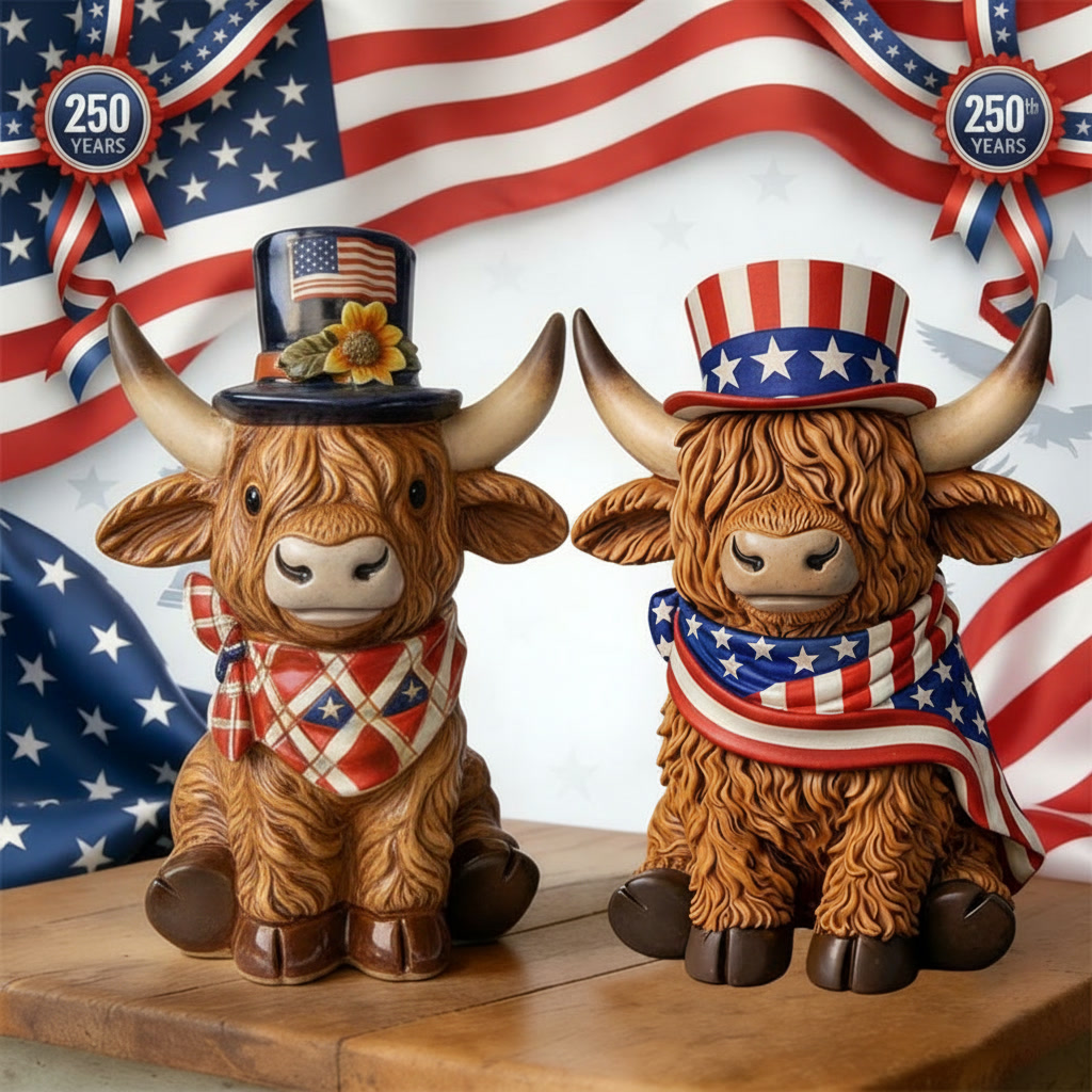🐂 Patriotic Highland Cow Figurine Set – 250th Anniversary Tribute 🇺🇸✨