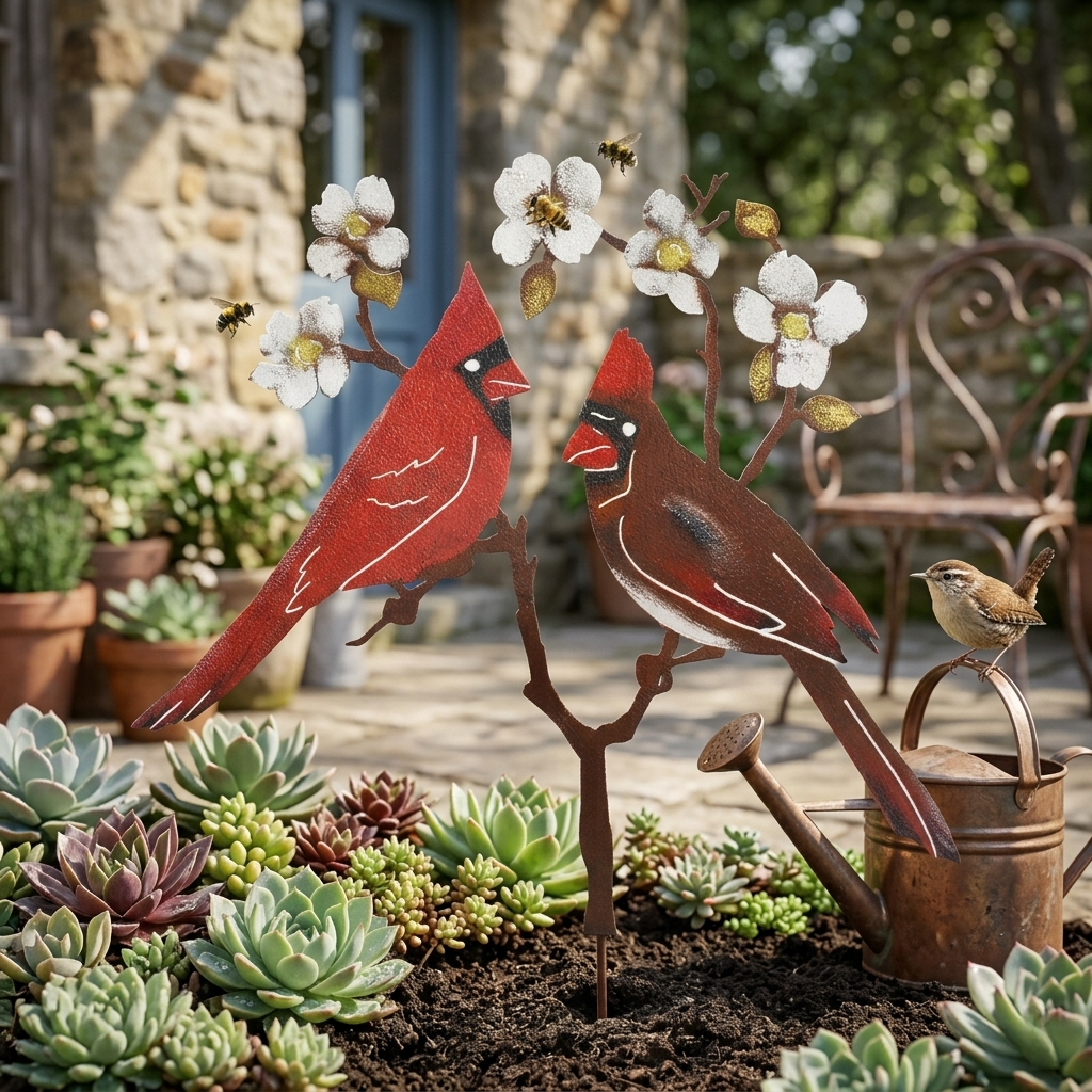 Cardinal Couple Garden Stake – Rustic Metal Bird Yard Decor
